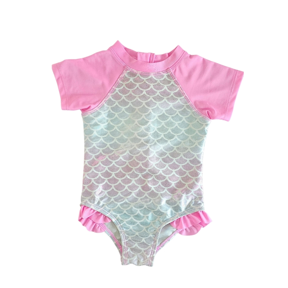 Pink and White Rashguard with Ruffled Trim